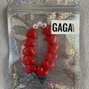 Bracelet MUM – Rouge maxi coeurs & maxi noeud en jean