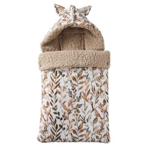 Nid d’ange en coton imprimé feuillages doublé sherpa ourson