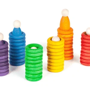 Petits personnages, anneaux et pièces en bois colorés – 60 Morceaux – Grapat