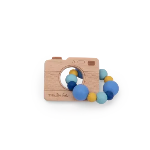 Hochet anneau de dentition bois et silicone appareil photo | Puce & Pilou